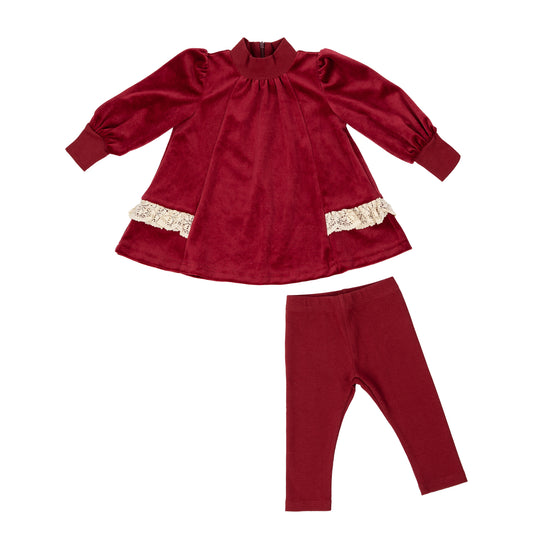 Lace Detail Velour Baby Girl Set, Cherry