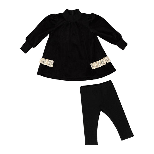 Lace Detail Velour Baby Girl Set, Black