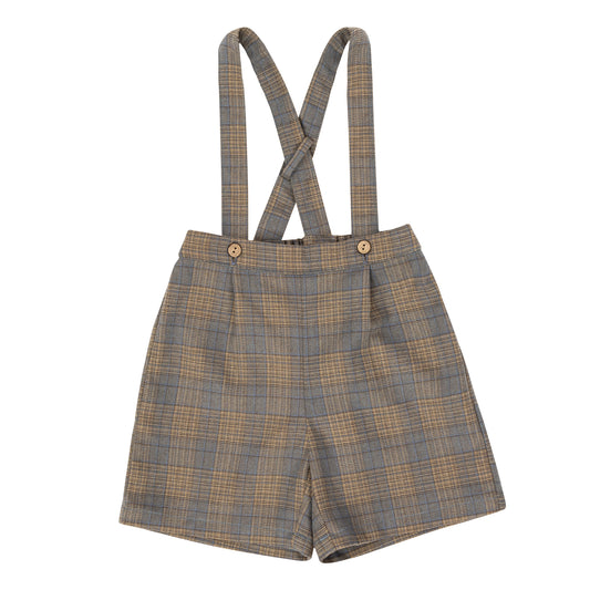 Blue Grey Plaid Suspender Shorts